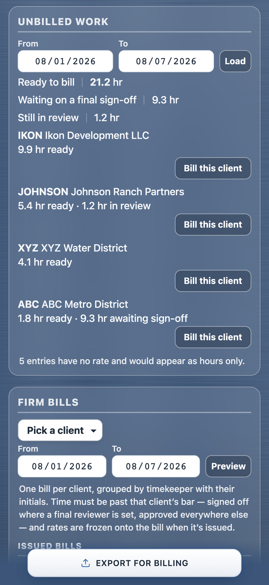 Unbilled work split by client: ready to bill, waiting on final sign-off, still in review