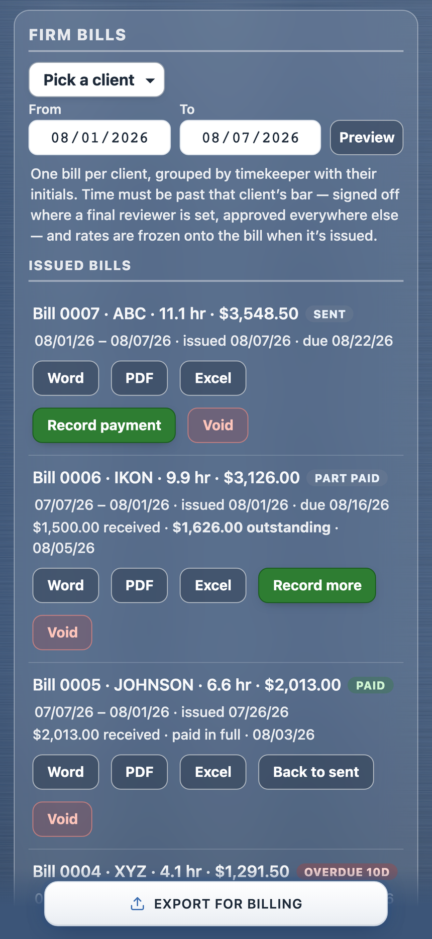 Issued firm bills with Sent, Part paid, Paid, and Overdue badges, payment recording, and Word/PDF/Excel downloads